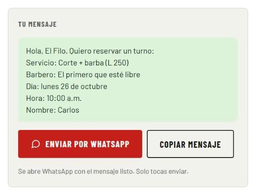 Mensaje de reserva listo para enviar por WhatsApp